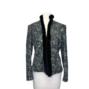 Les Copains Mink Fur Blazer Jacket Boucle 44 8 Large Emerald Green Black White